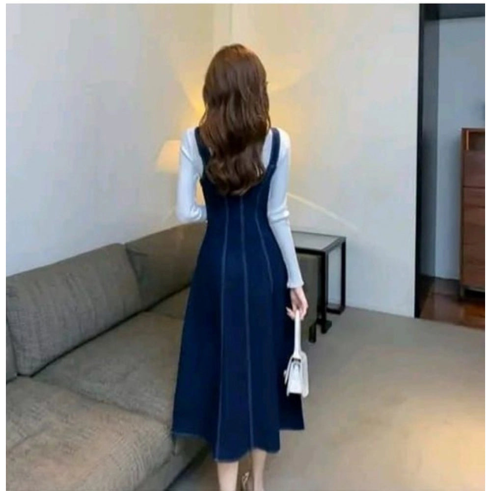 Blue denim casual sleeveless off-shoulder dress for women
