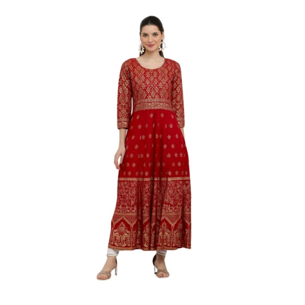 Red rayon printed Anarkali kurti with 3/4th sleeves