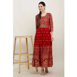 Red printed rayon 3/4th sleeves Anarkali kurti for casual wear