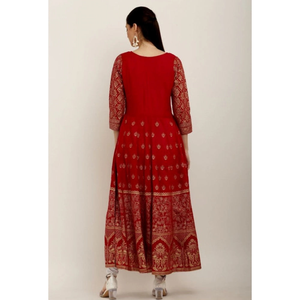 Red printed rayon 3/4th sleeves Anarkali kurti for women on hanger
