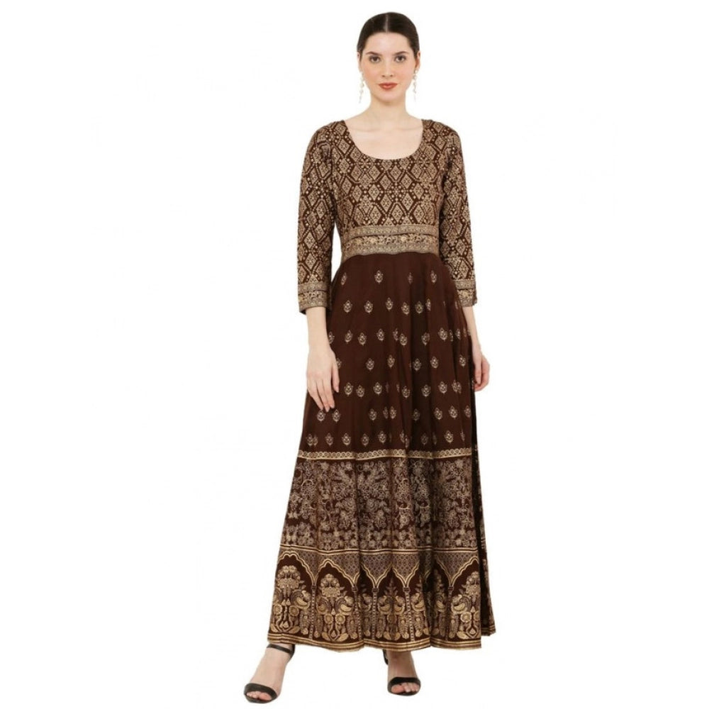 Brown rayon printed 3/4th sleeves Anarkali kurti for women casual wear