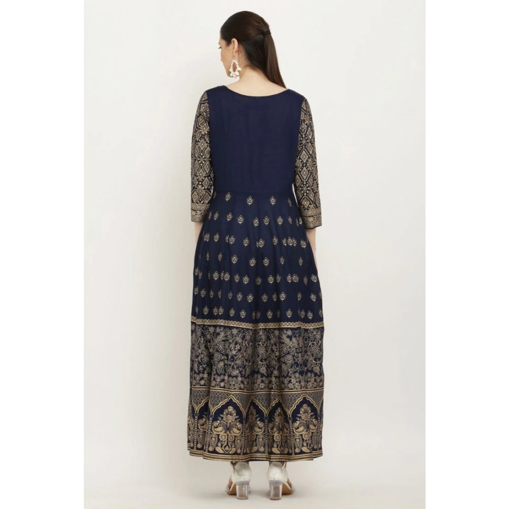 Blue rayon printed 3/4th sleeves Anarkali kurti for women on model, casual wear with round neck