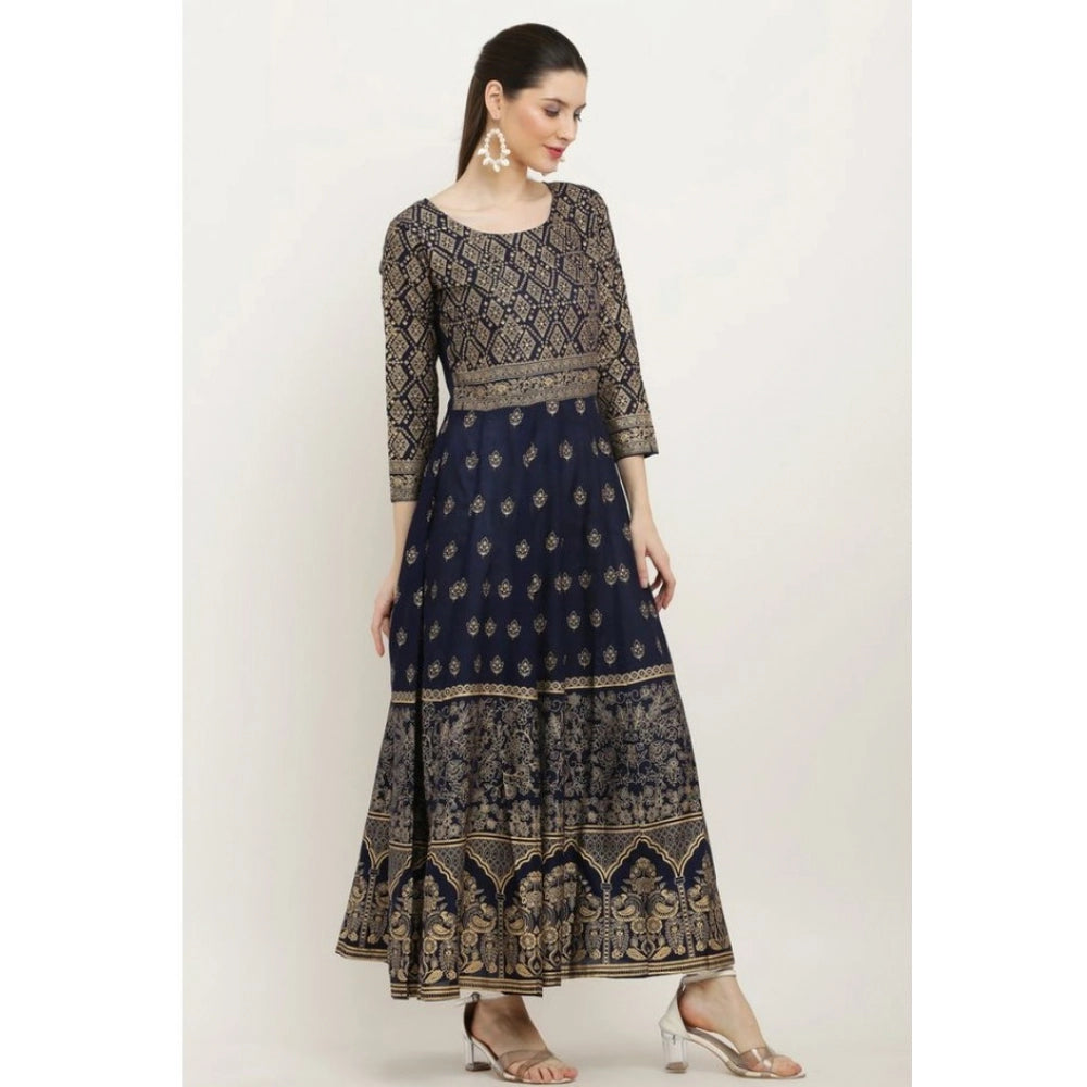 Blue rayon printed 3/4th sleeve Anarkali kurti for women on clothing rack