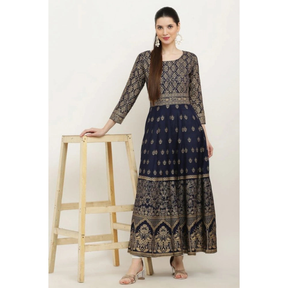 Blue Rayon printed 3/4th sleeves Anarkali kurti for women's casual wear