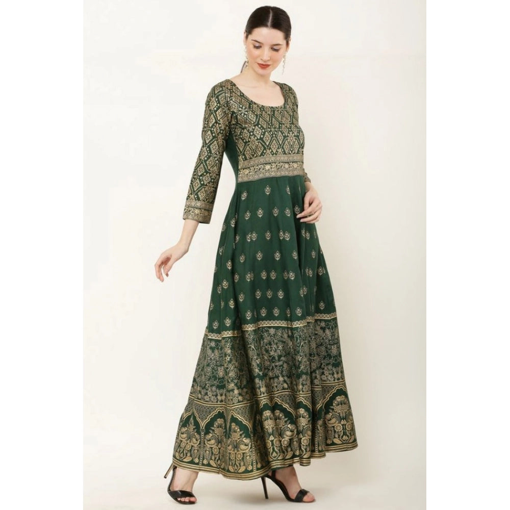 Green rayon printed Anarkali kurti with 3/4th sleeves on mannequin
