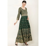 Green rayon printed Anarkali kurti with 3/4th sleeves on mannequin