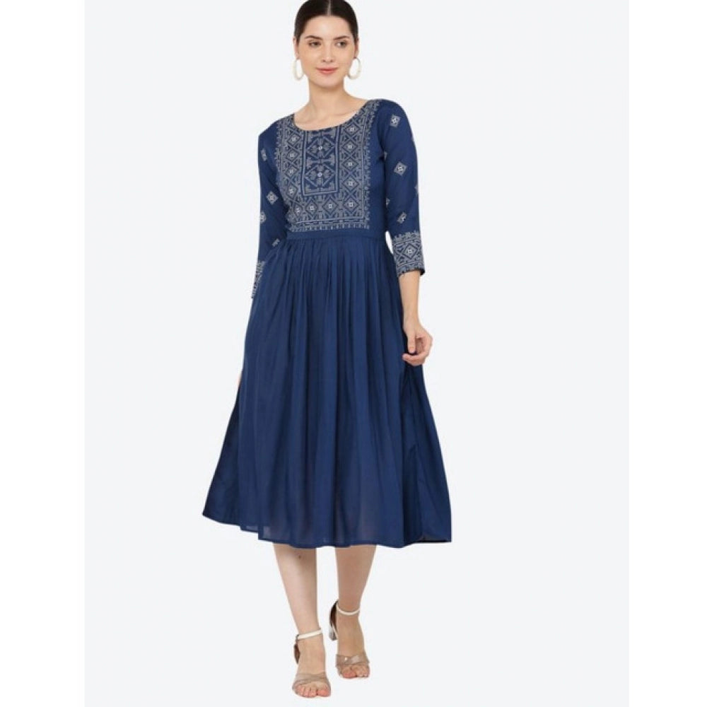 Blue rayon printed 3/4th sleeve kurti for women's casual wear