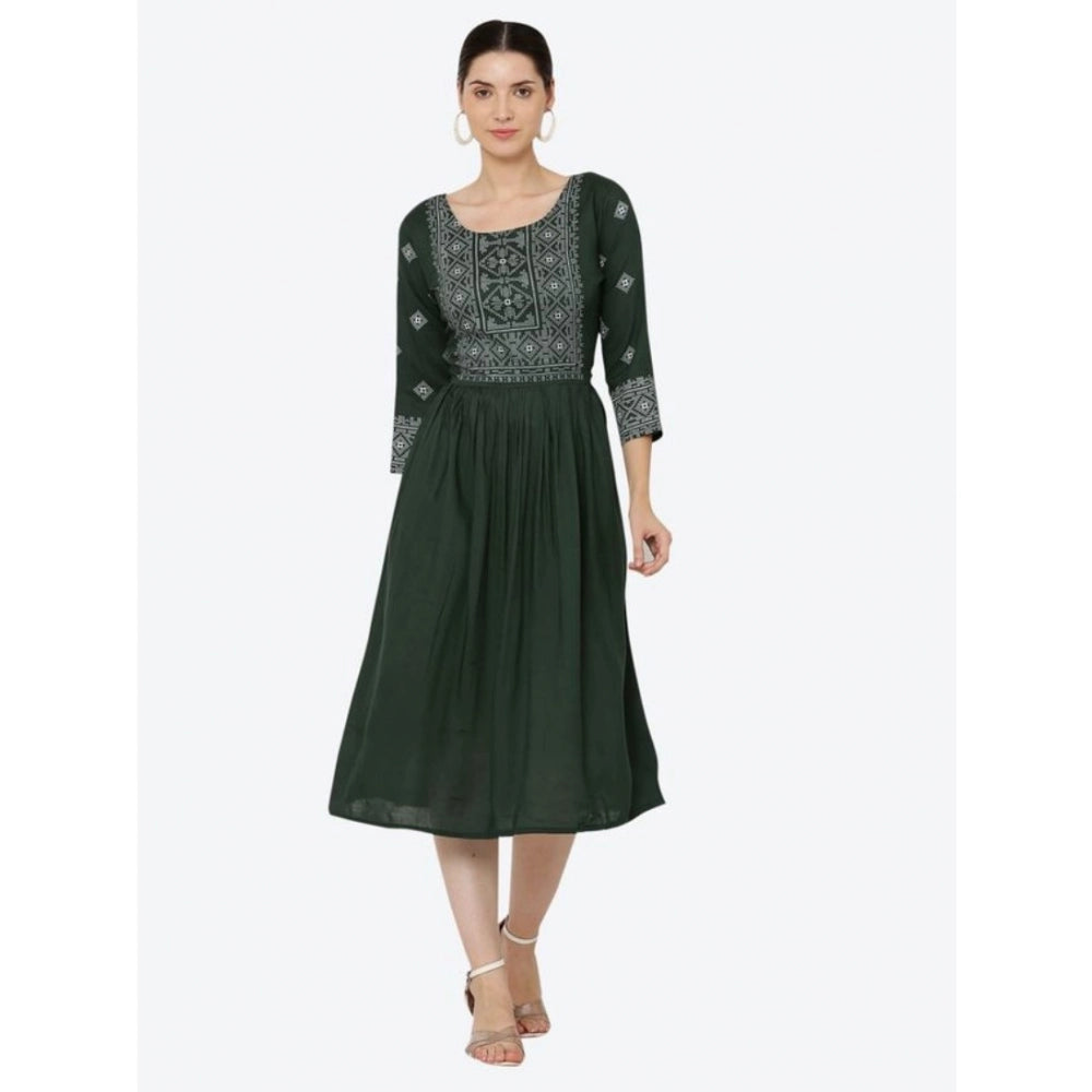 Green printed rayon women's casual kurti with 3/4th sleeves on model