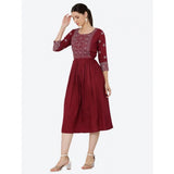 Maroon rayon printed kurti with 3/4th sleeves on hanger