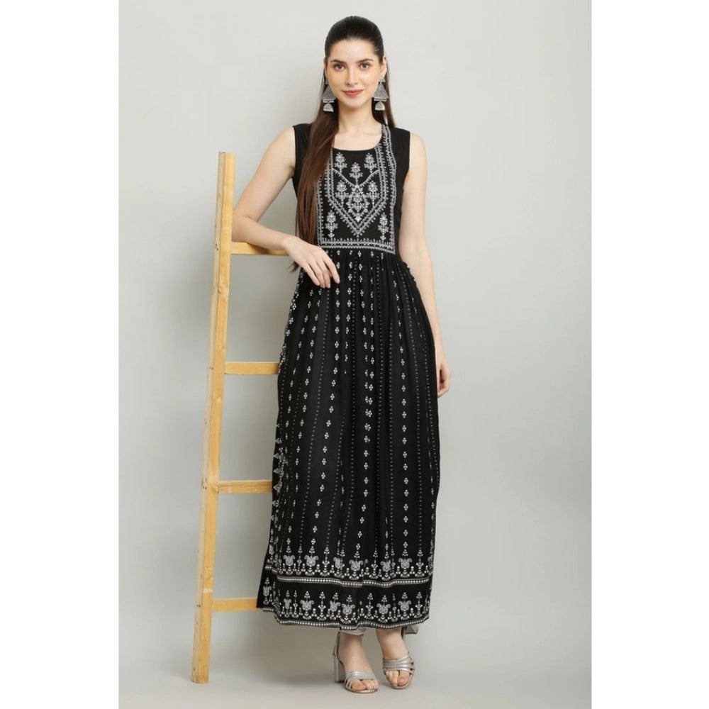 Black rayon sleeveless kurti with printed pattern for women's casual wear
