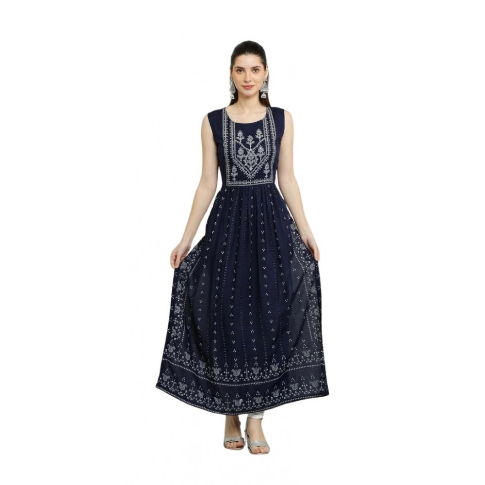 Blue rayon printed sleeveless kurti for women - casual and stylish clothing for warm weather