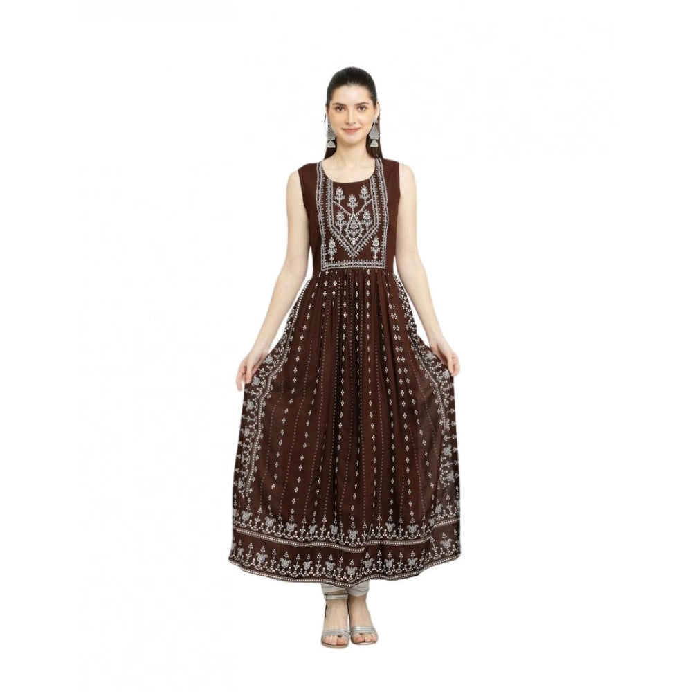 Brown rayon printed sleeveless kurti for women's casual wear, round neck type