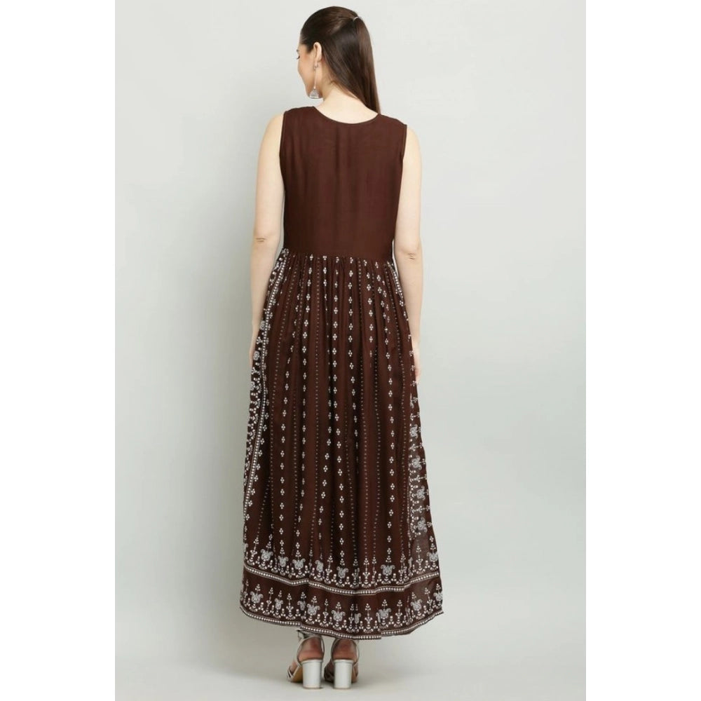 Brown rayon printed sleeveless kurti for casual wear, women's fashion accessory on mannequin