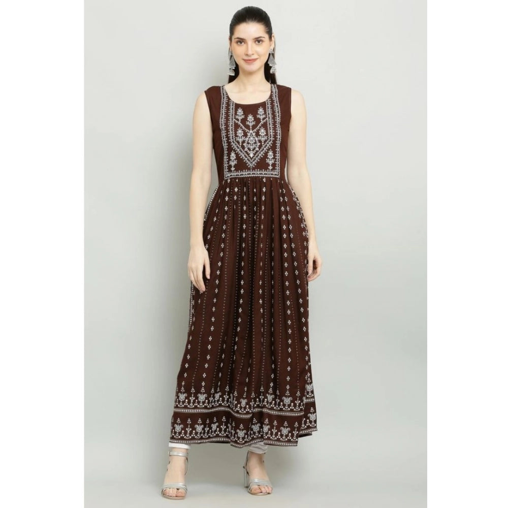 Brown rayon printed sleeveless kurti for women's casual wear