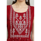 Maroon printed rayon sleeveless kurti for women, casual everyday wear on mannequin