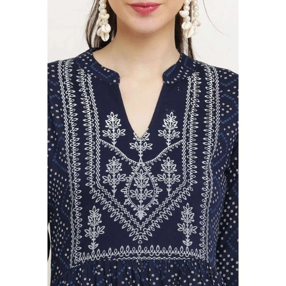 Blue rayon printed full-sleeve kurti for casual wear, women's attire on clothing rack