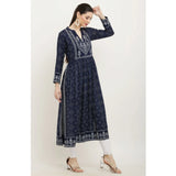 Blue rayon printed full-sleeve kurti for women on hanger