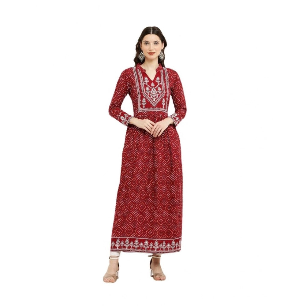 Maroon rayon printed full-sleeve kurti for women - casual, round neck, wearable on model