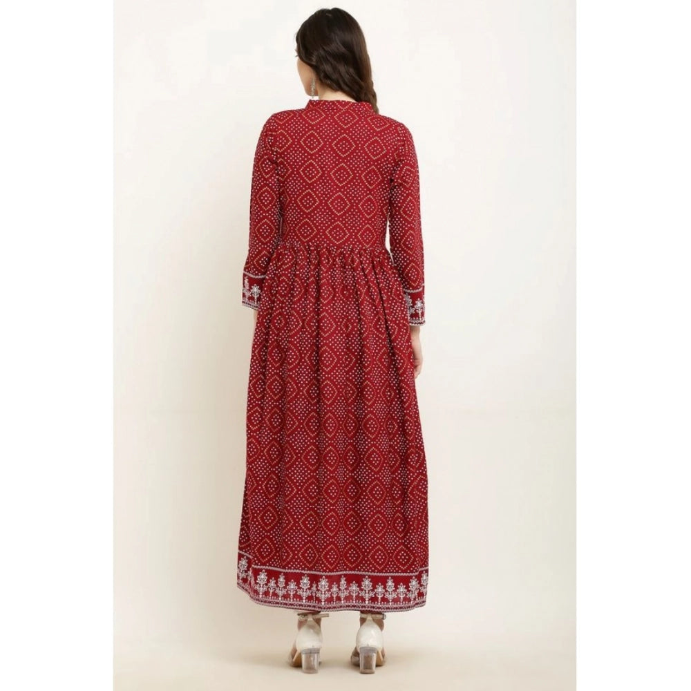 Maroon rayon casual kurti with printed pattern, full sleeves on model