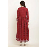 Maroon rayon casual kurti with printed pattern, full sleeves on model