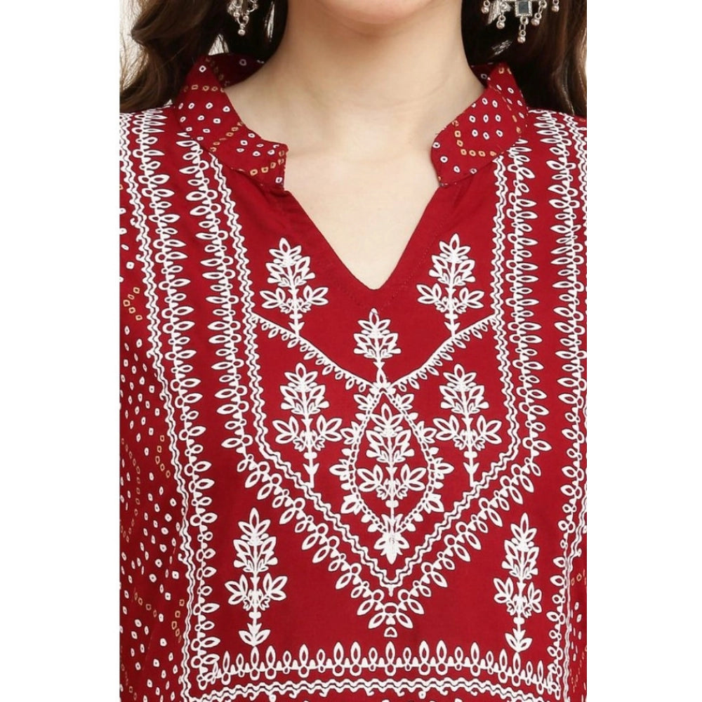 Maroon printed rayon full-sleeve kurti for casual wear, women's fashion accessory on mannequin