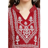Maroon printed rayon full-sleeve kurti for casual wear, women's fashion accessory on mannequin