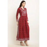 Maroon rayon printed full-sleeve kurti for women - casual style, round neck type