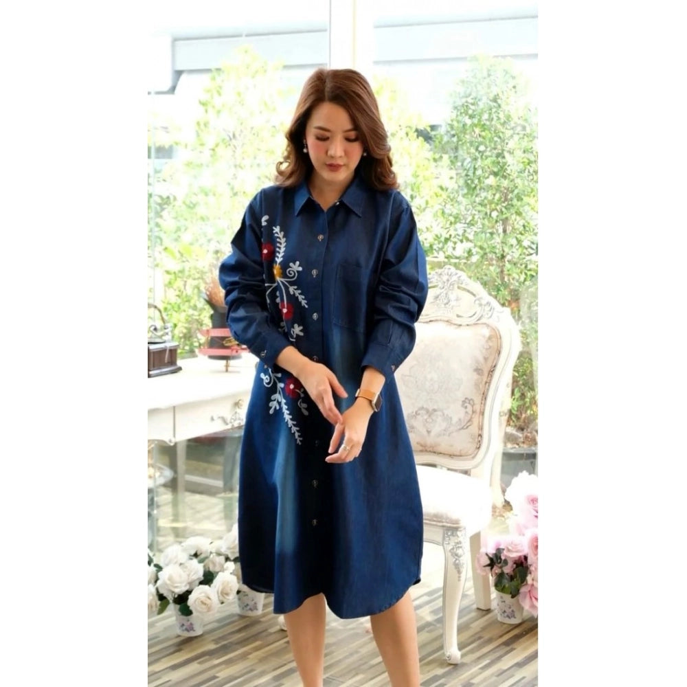 Blue denim casual dress with full sleeves, embroidery detail on shirt collar for women