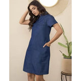 Blue denim casual dress with half sleeves, ideal for everyday wear