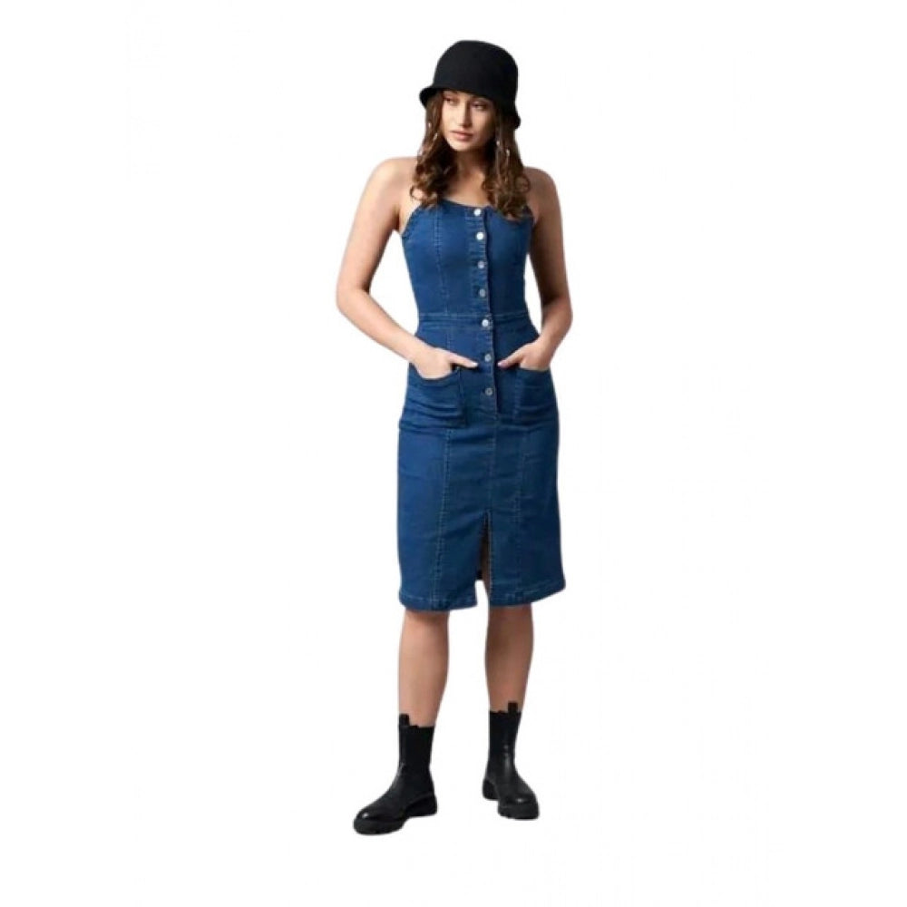 Blue denim casual sleeveless dress with off-shoulder neckline