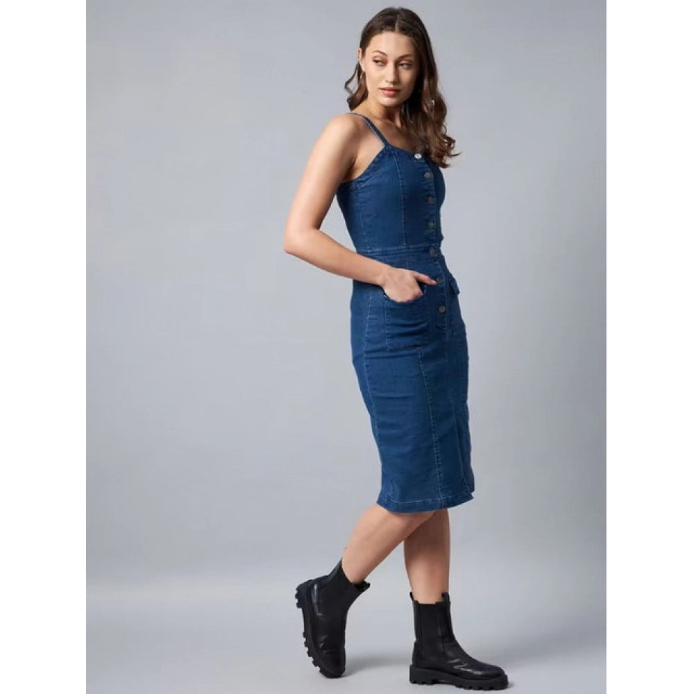 Blue denim casual sleeveless off-shoulder dress, solid pattern for women's fashion