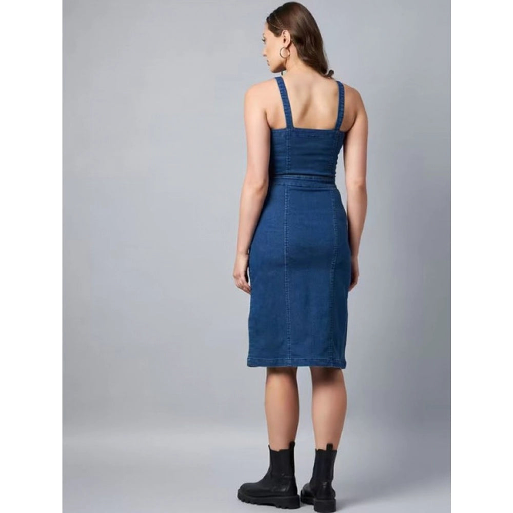 Blue denim casual sleeveless dress with off-shoulder neckline for women