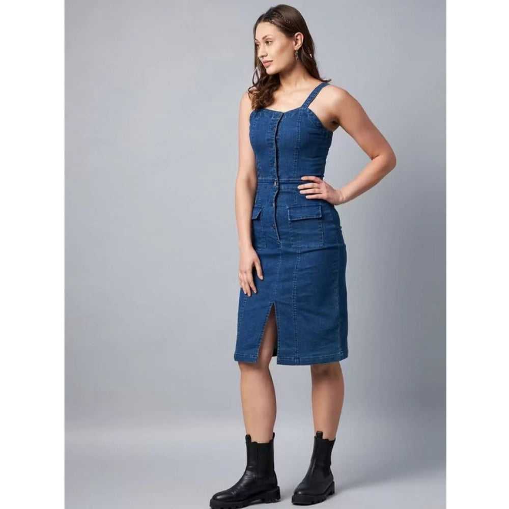 Blue denim women's casual sleeveless off-shoulder dress, solid pattern for summer outfits