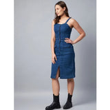 Women's Casual Denim Sleeveless Dress (Blue)