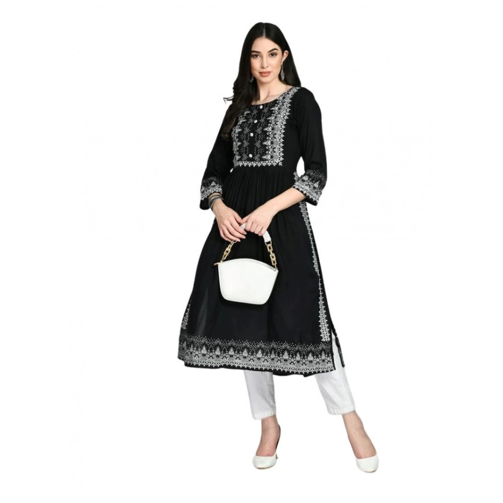 Black rayon printed 3/4-sleeve kurti for women, casual style on model