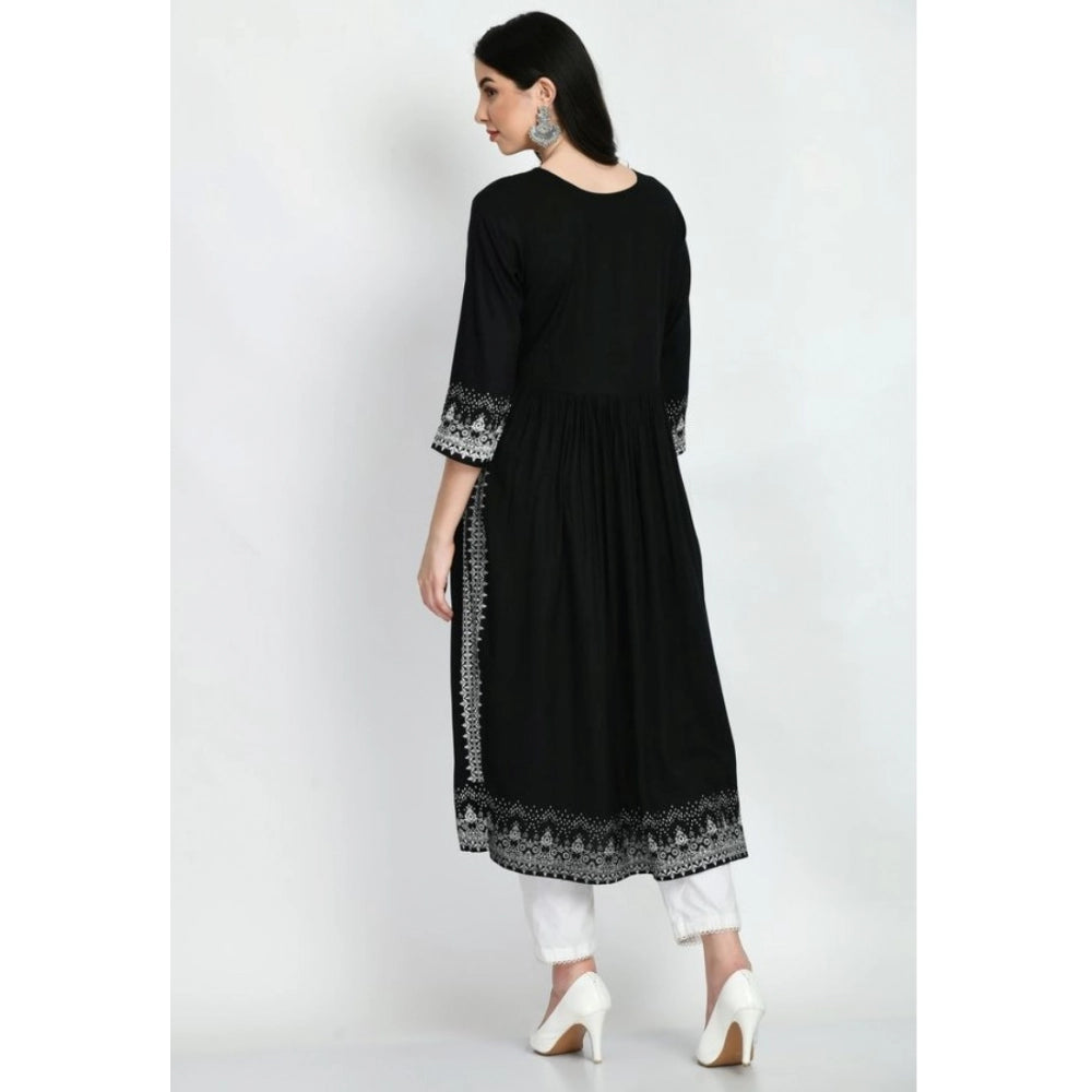 Black printed rayon 3/4th sleeve kurti for women on hanger