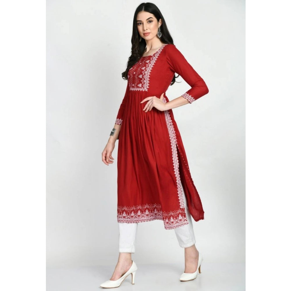 Maroon rayon printed 3/4th sleeves kurti for women's casual wear