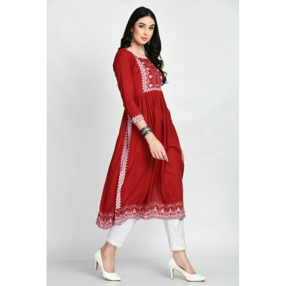 Maroon rayon printed 3/4th sleeves kurti for women's casual wear