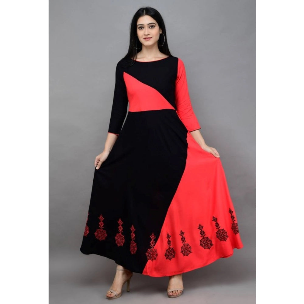Pink rayon printed maxi dress with 3/4th sleeves, ideal for casual occasions