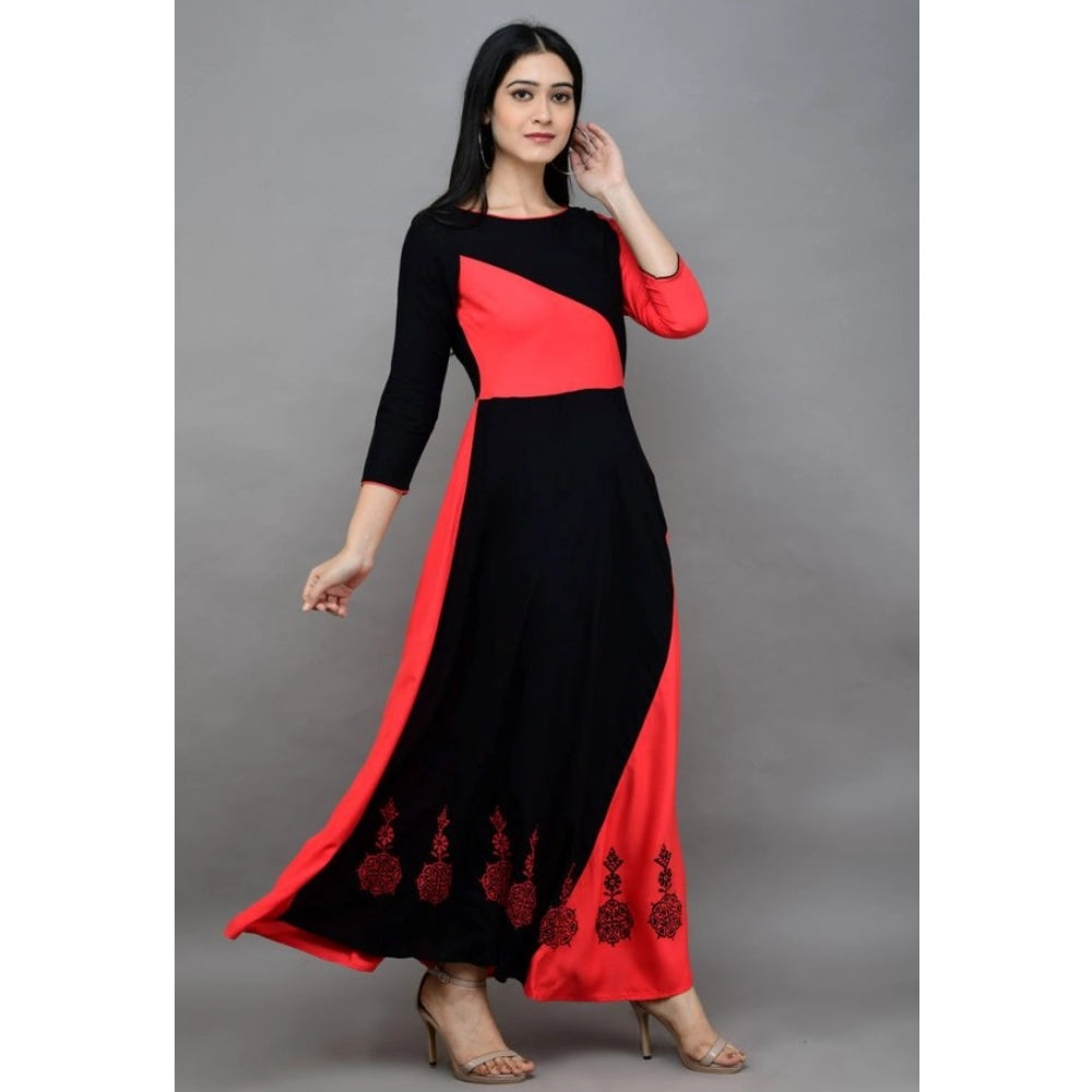 Pink rayon women's maxi dress with printed 3/4 sleeves and round neck on hanger