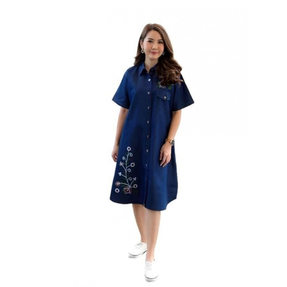 Blue denim casual dress with embroidery detail, half sleeves for women's wear