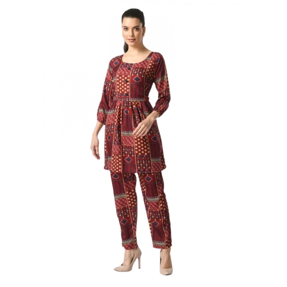 Maroon printed crepe women's casual 3/4th sleeves cord set for everyday wear