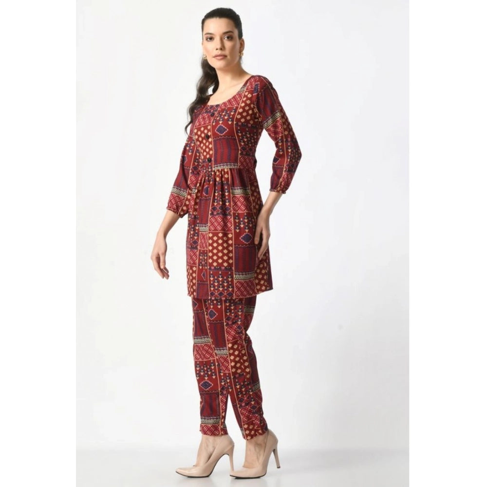 Maroon printed crepe women's casual 3/4th sleeve cord set for stylish everyday wear