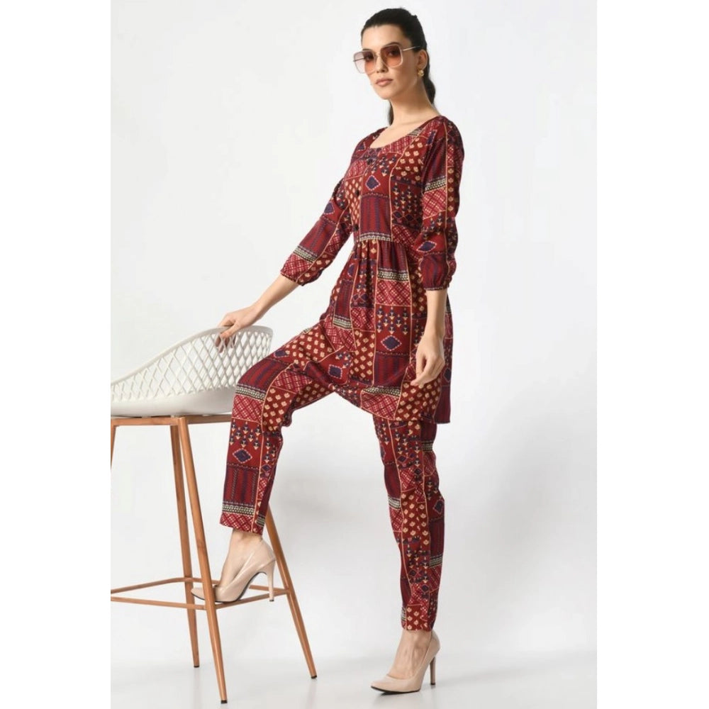 Maroon printed crepe 3/4th sleeves cord set for women's casual wear