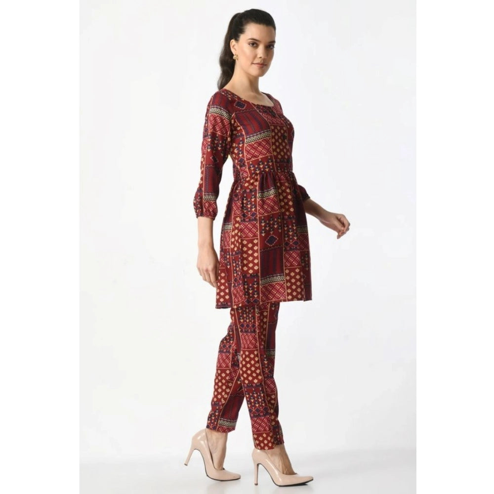 Maroon printed crepe women's casual 3/4th sleeves cord set on hanger