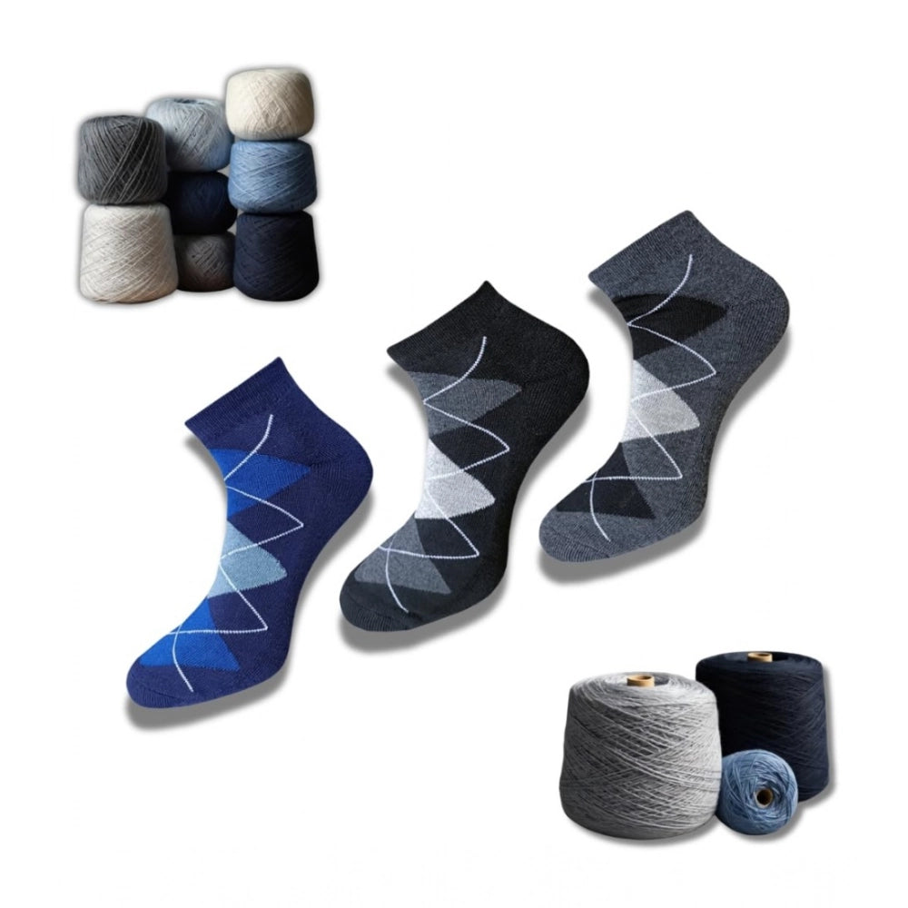 Multicolor unisex casual cotton printed low cut socks - navy blue, black, anthra set