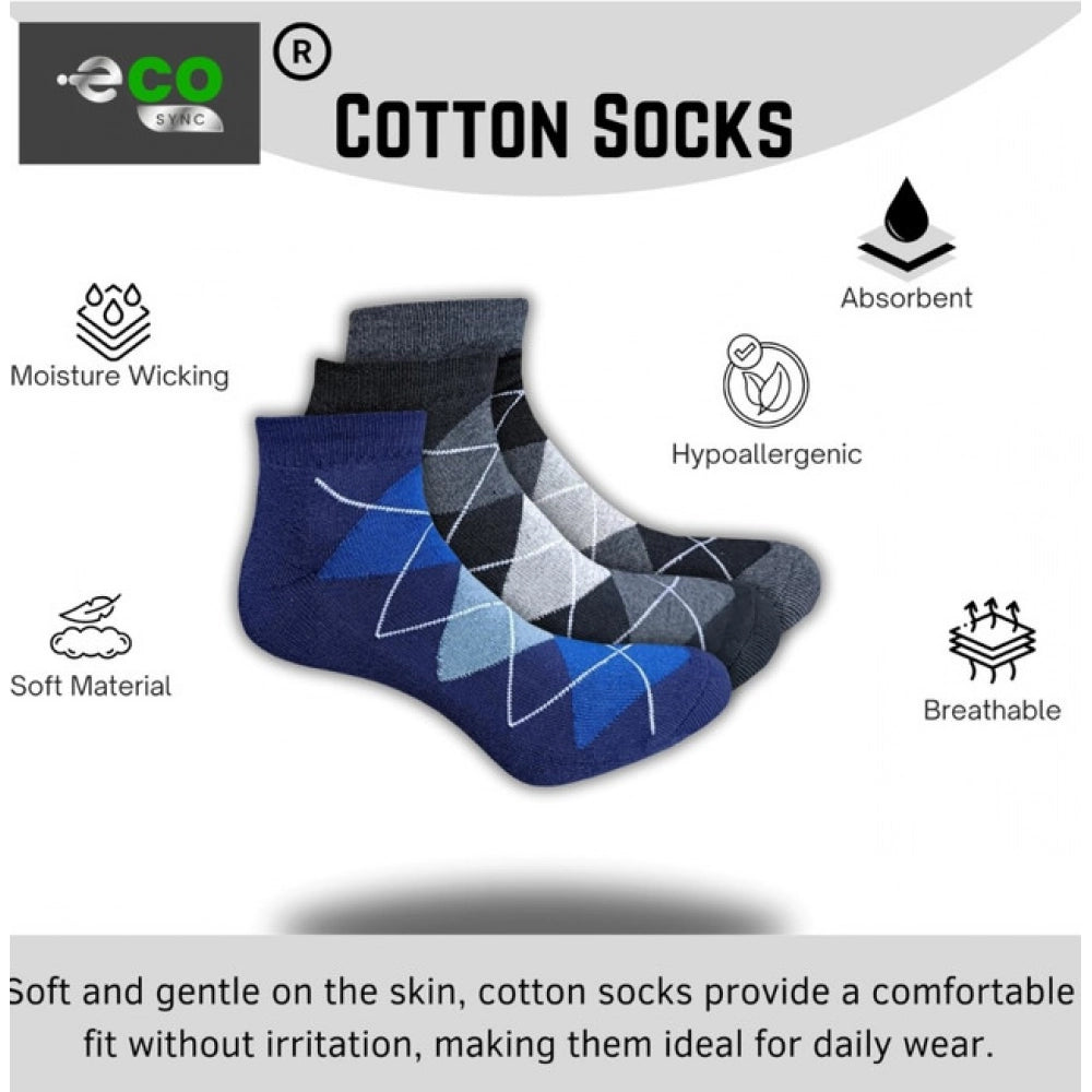 Multicolor unisex casual cotton printed low cut socks: navy blue, black, anthra set