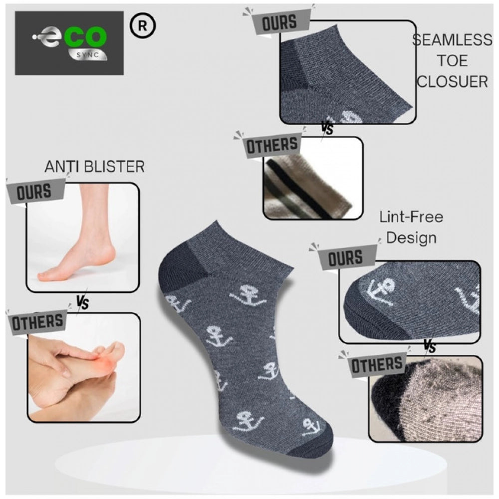 Multicolor unisex casual cotton printed low cut socks - black, light grey, anthra blend for versatile style