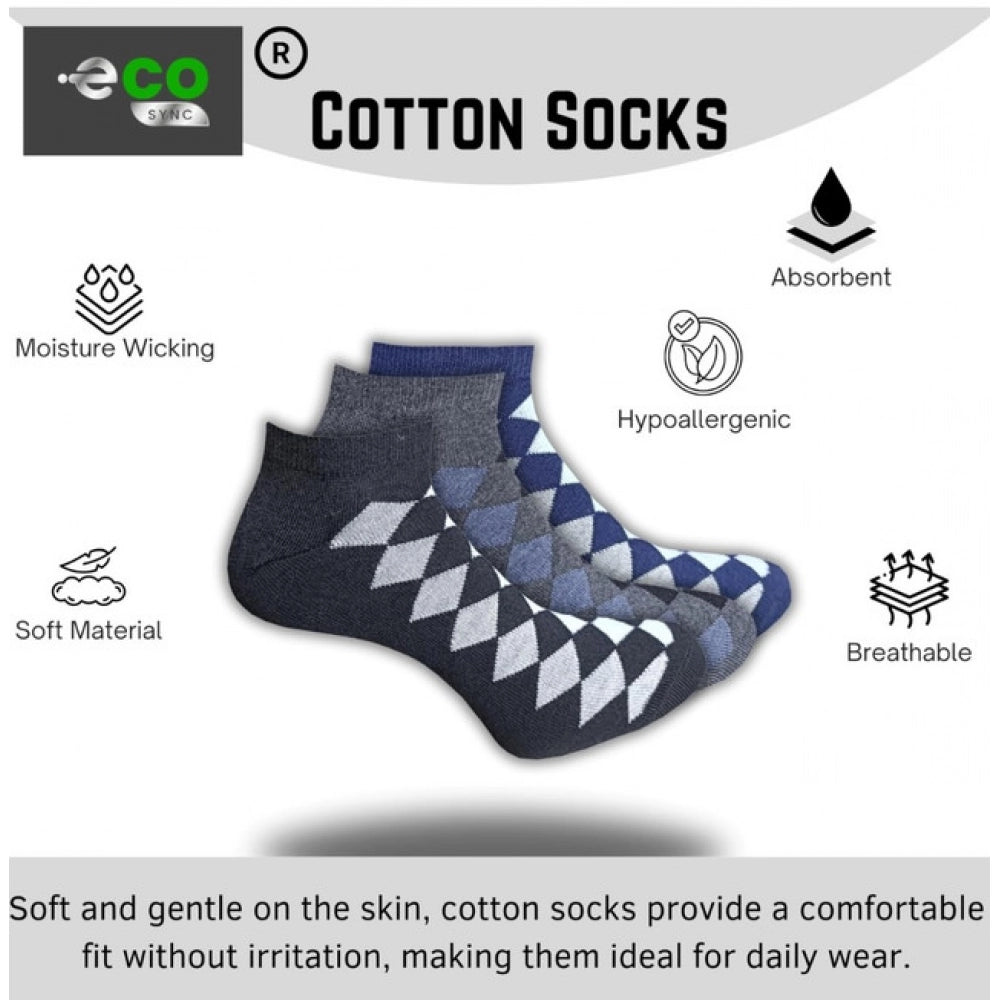 Multicolor unisex casual cotton printed low cut socks, varying shades of black, light grey, blue