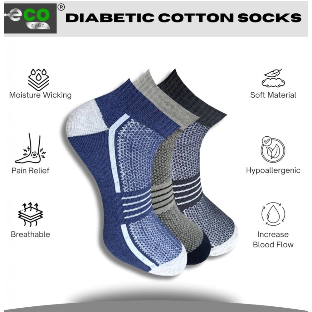 Multicolor unisex casual cotton printed low cut socks: navy blue, light grey, black (actual color may vary)